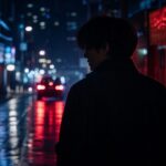 شخصية مجهولة في شارع ليلي مضاء بانعكاسات زرقاء وحمراء لأجواء الدراما الكورية